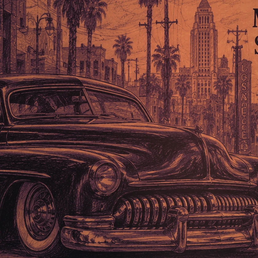 Airbrushed vintage Los Angeles street scene with a classic Mercury car