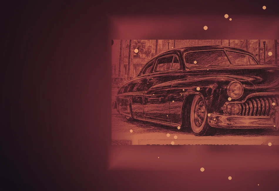 Color airbrushed illustration of a heritage Mercury-inspired classic automobile