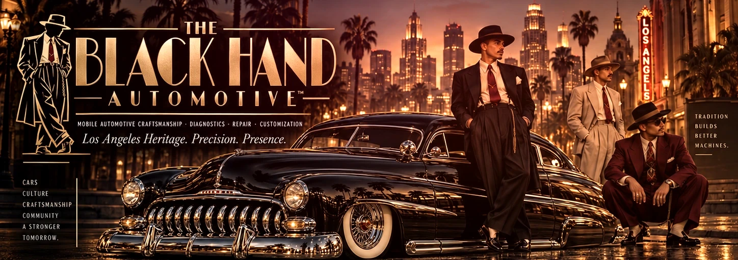 Signature Heritage campaign artwork: a custom black 1949 Mercury lowrider beside Los Angeles pachucos in classic zoot suits, with an Art Deco downtown skyline