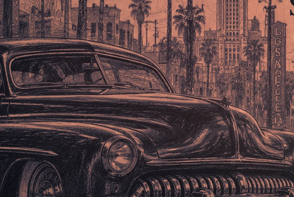 Warm-lit Los Angeles street scene with palms and classic automobiles